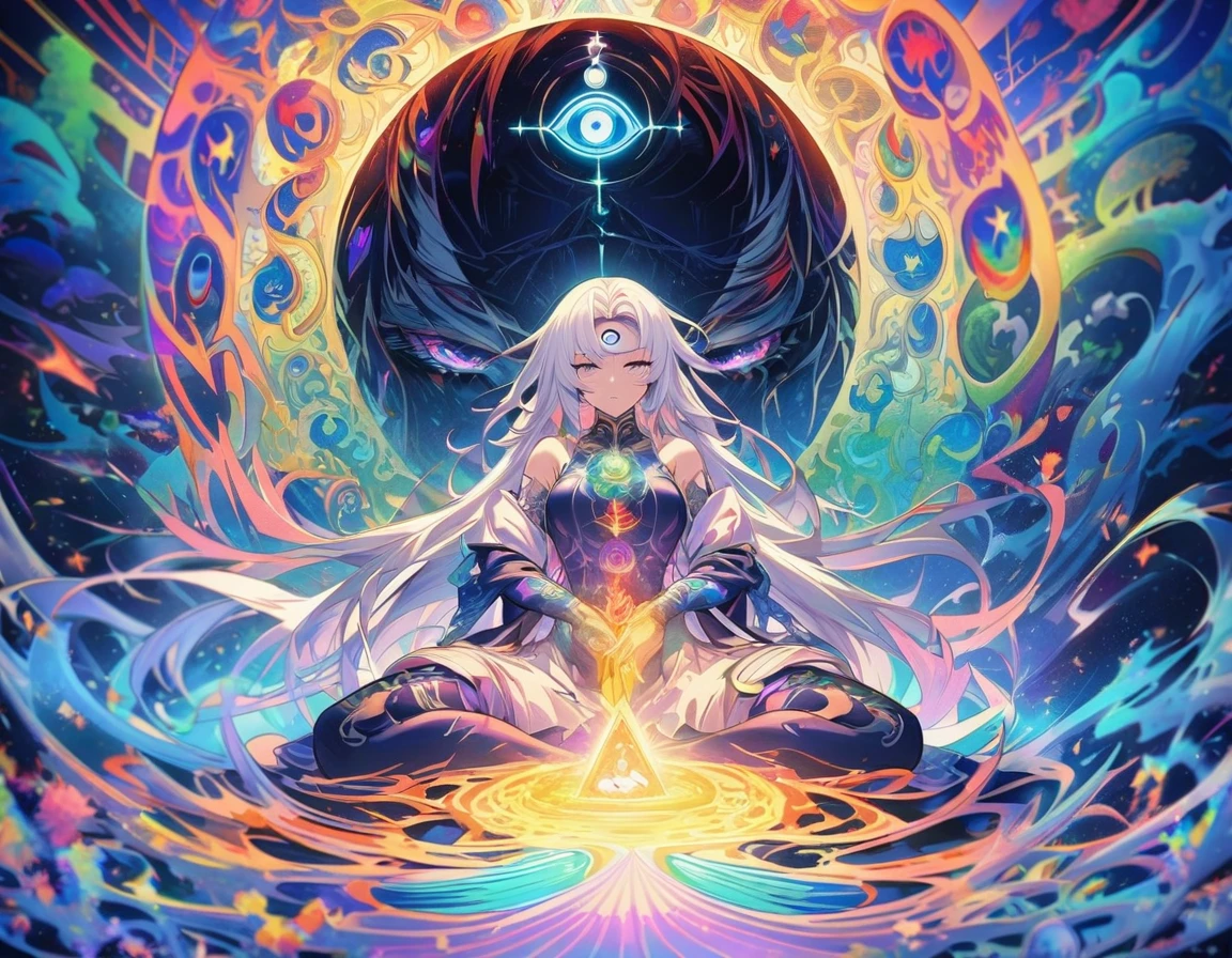 A woman sitting in lotus position,身旁有Chakra和眼睛, channeling The Third Eye睛 energy, Chakra, A cross-dimensional existence, opening The Third Eye睛, third eye vision, Channeling mysterious energy, The Third Eye睛, mystical The Third Eye睛, The Third Eye睛 in middle of forehead, Wearing psychedelic witchcraft, The Third Eye, The Third Eye睛 middle of forehead, psychedelic therapy, Chakra图