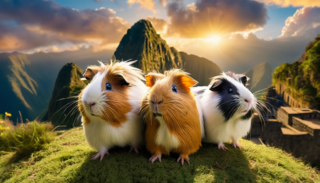 a hilarious photo of scared flying guinea pigs,guinea pigs flying in the wind,guinea pigs above machu picchu,machu picchu landscape,vibrant colors,dynamic action shot,cinematic lighting,highly detailed,photorealistic,8k,award winning photography,cinematic composition,dramatic angle,award-winning photo,stunning scenery,epic scale,beautiful skies,fluffy guinea pigs,realistic fur,expressive eyes,comical expressions,whimsical,playful,humorous,quirky