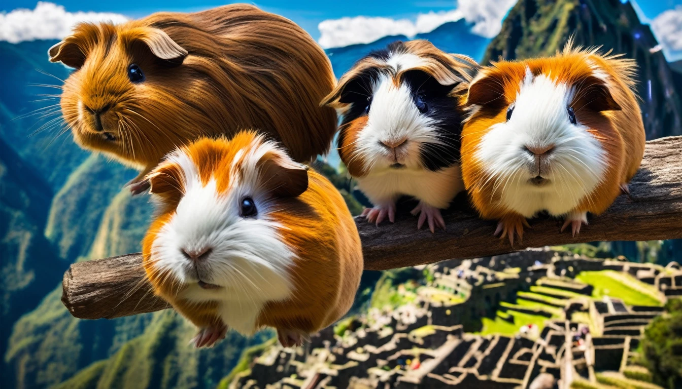 a hilarious photo of scared flying guinea pigs,guinea pigs flying in the wind,guinea pigs above machu picchu,machu picchu landscape,vibrant colors,dynamic action shot,cinematic lighting,highly detailed,photorealistic,8k,award winning photography,cinematic composition,dramatic angle,award-winning photo,stunning scenery,epic scale,beautiful skies,fluffy guinea pigs,realistic fur,expressive eyes,comical expressions,whimsical,playful,humorous,quirky