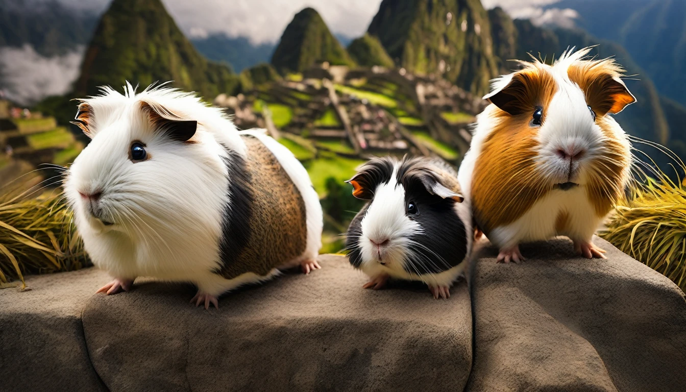 a hilarious photo of scared flying guinea pigs,guinea pigs flying in the wind,guinea pigs above machu picchu,machu picchu landscape,vibrant colors,dynamic action shot,cinematic lighting,highly detailed,photorealistic,8k,award winning photography,cinematic composition,dramatic angle,award-winning photo,stunning scenery,epic scale,beautiful skies,fluffy guinea pigs,realistic fur,expressive eyes,comical expressions,whimsical,playful,humorous,quirky