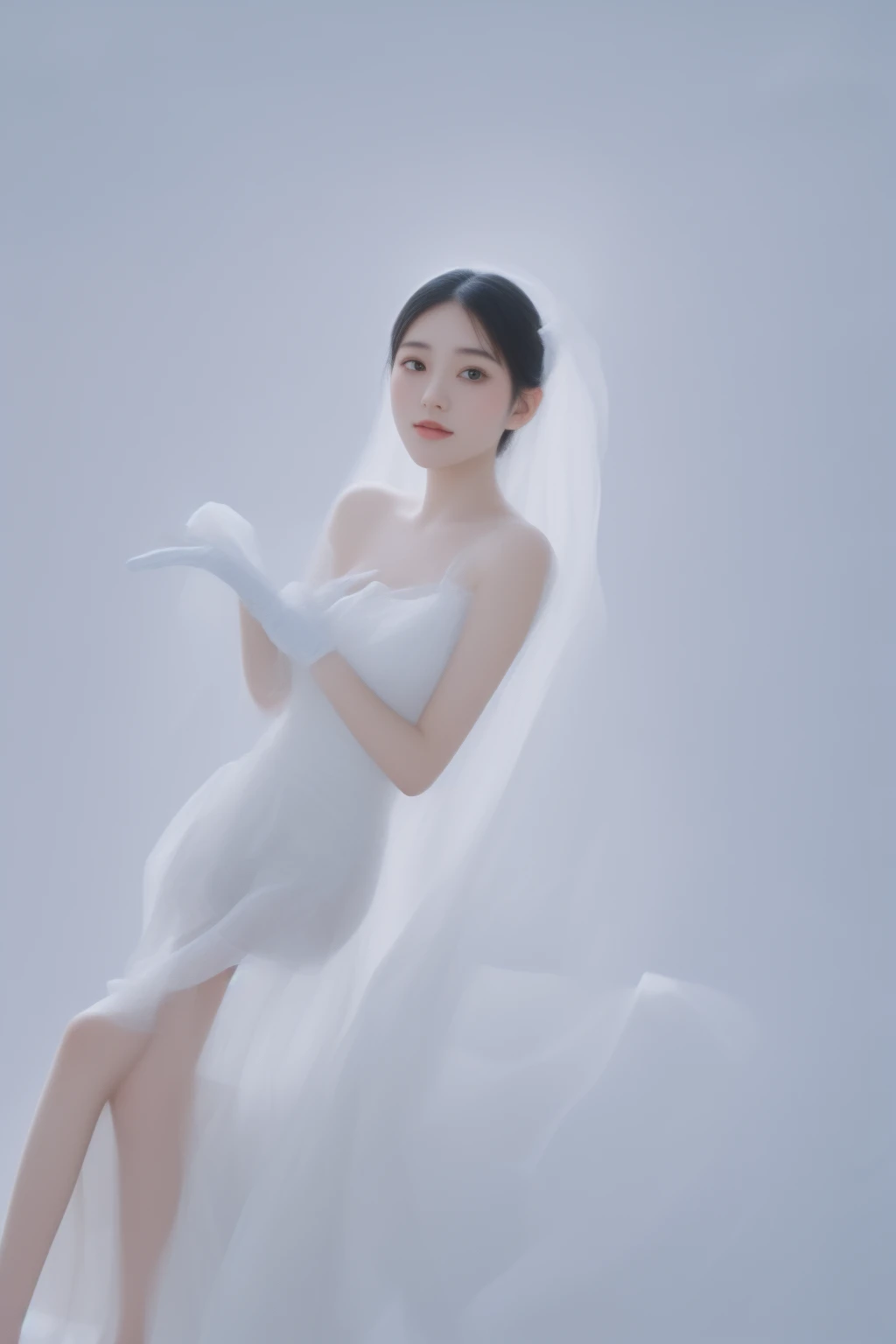 there is a woman sitting on a chair in a white dress, twintails white_gloves, white sleeves, wearing organza gown, sakimichan, white gown, a beautiful woman in white, milky white skin, in white clothes, ulzzang, fairycore, jinyoung shin, wearing white silk robe, loli in dress, in white room