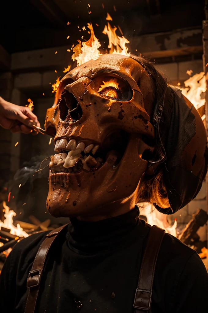 The image depicts a fiery, explosive scene with a large, menacing skull that is spewing fire and smoke from its mouth.