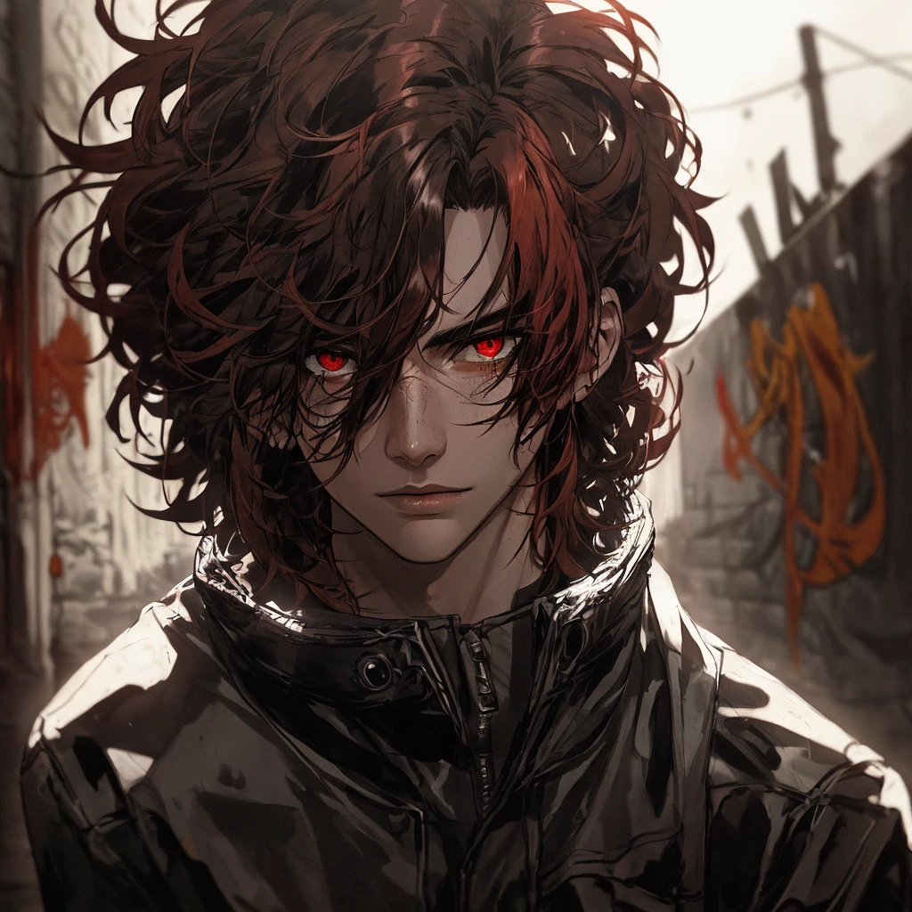 (dark shot: 1.1), epic realistic, 1male, battle scars, built like Jason tood from DC, sleek black jumpsuit, with a cool leather jacket, dark crimson red eyes, short spikey hair, red hood outlaw from dc, black and red color scheme, grunge aesthetics!!! graffiti tag wall background, art by Greg Rutkowski and artgerm, soft cinematic light, Adobe Lightroom, darkroom, HDR, intricate, highly detailed, (depth of field: 1.4), faded, (neutral colors: 1.2), (hdr: 1.4), (muted colors: 1.2), hyper-detail (artstation: 1.4), cinematic, warm light, dramatic light (complex details: 1.1)