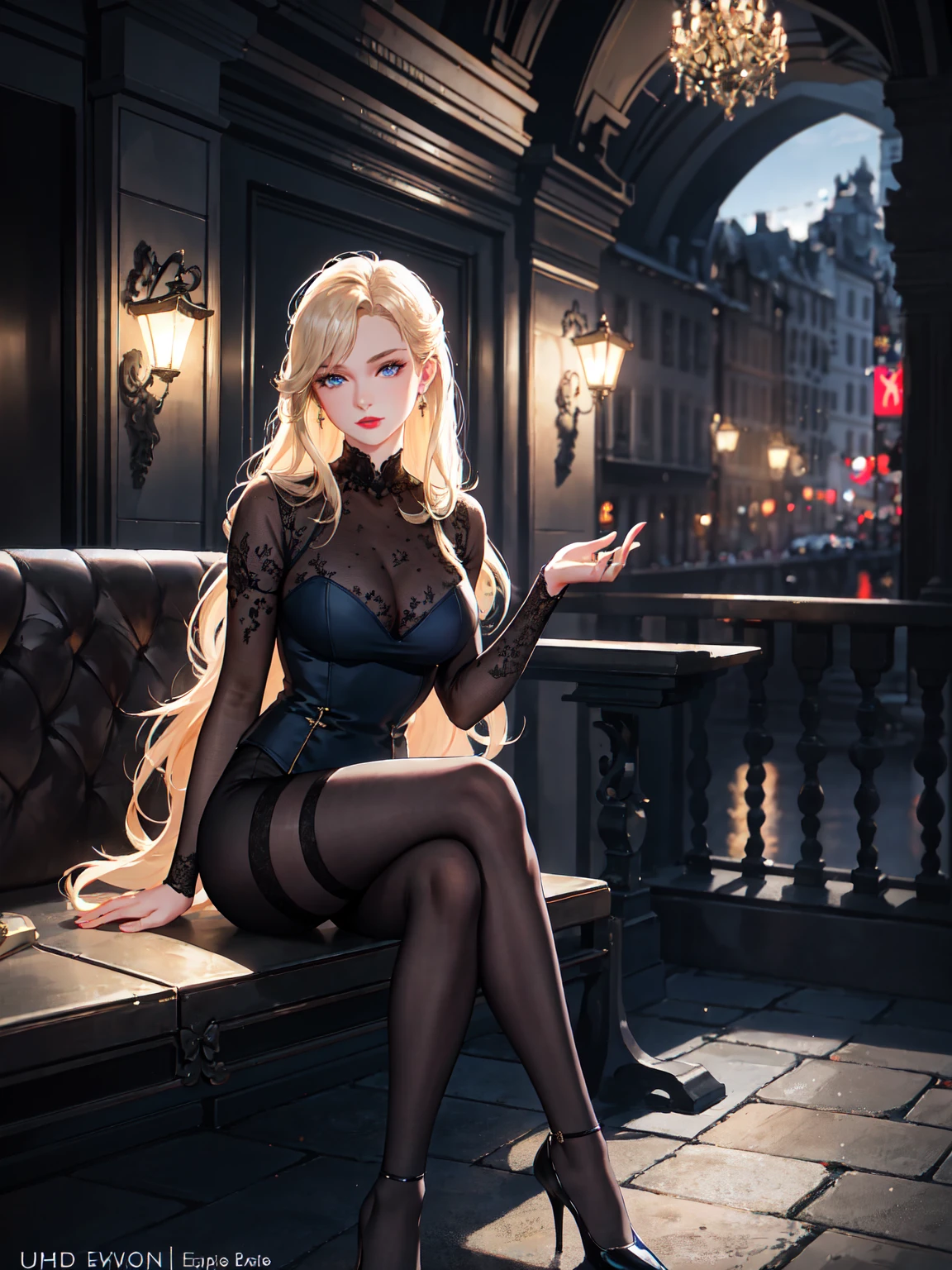 European and American woman,seated gracefully,open the leg,captivating blue eyes,wearing red lipstick,blonde hair in soft waves,dressed in a tailored black outfit,adorned with black lace stockings and sophisticated high heels,elegant silver jewelry completing the look,positioned on a vintage wrought-iron bench,amidst the charm of a dimly lit cobblestone pathway,the ambiance of a quiet urban evening enveloping her,a tasteful close-up capturing her serene expression under the subtle city lights,the scene exuding a blend of classic elegance and contemporary allure,full body shot:1.12,Detailed face,detailed eyes,detailed nose,detailed mouth,((UHD,masterpiece,super detail,award winning:1.4,best quality:1.2,highres,high quality)),