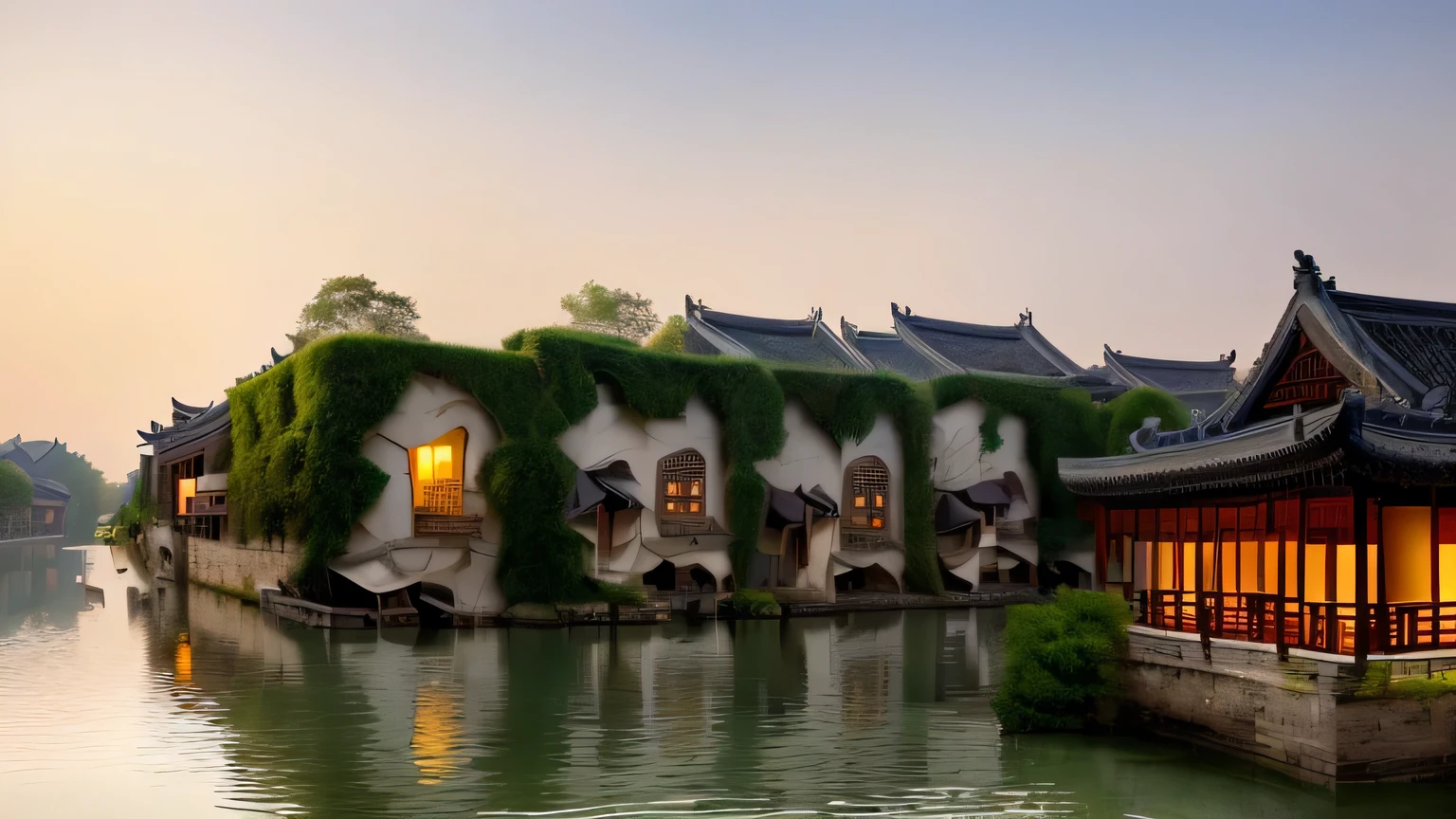 Best quality,masterpiece,Jiangnan Village in the Water,The most beautiful Wuzhen,Rural landscape,River Water,Boat