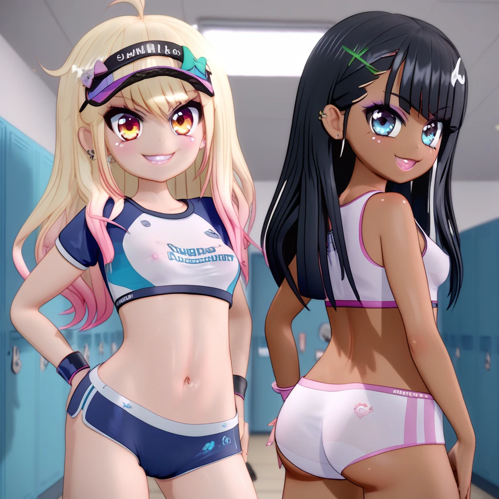 (masterpiece), best quality, highly detailed faces, (SHARP details), 4k, highly detailed, expressive eyes, SHARP detail expressive eyes, (SHARP detail perfect face), By mantis-x, gyaru, young girls, small breasts, playful smile, (black hair), standing, view from behind, glancing over shoulder, ((dark skin)), slutty, lockerroom, long hair, daytime, ass, (multiple girls), wearing gym uniform,