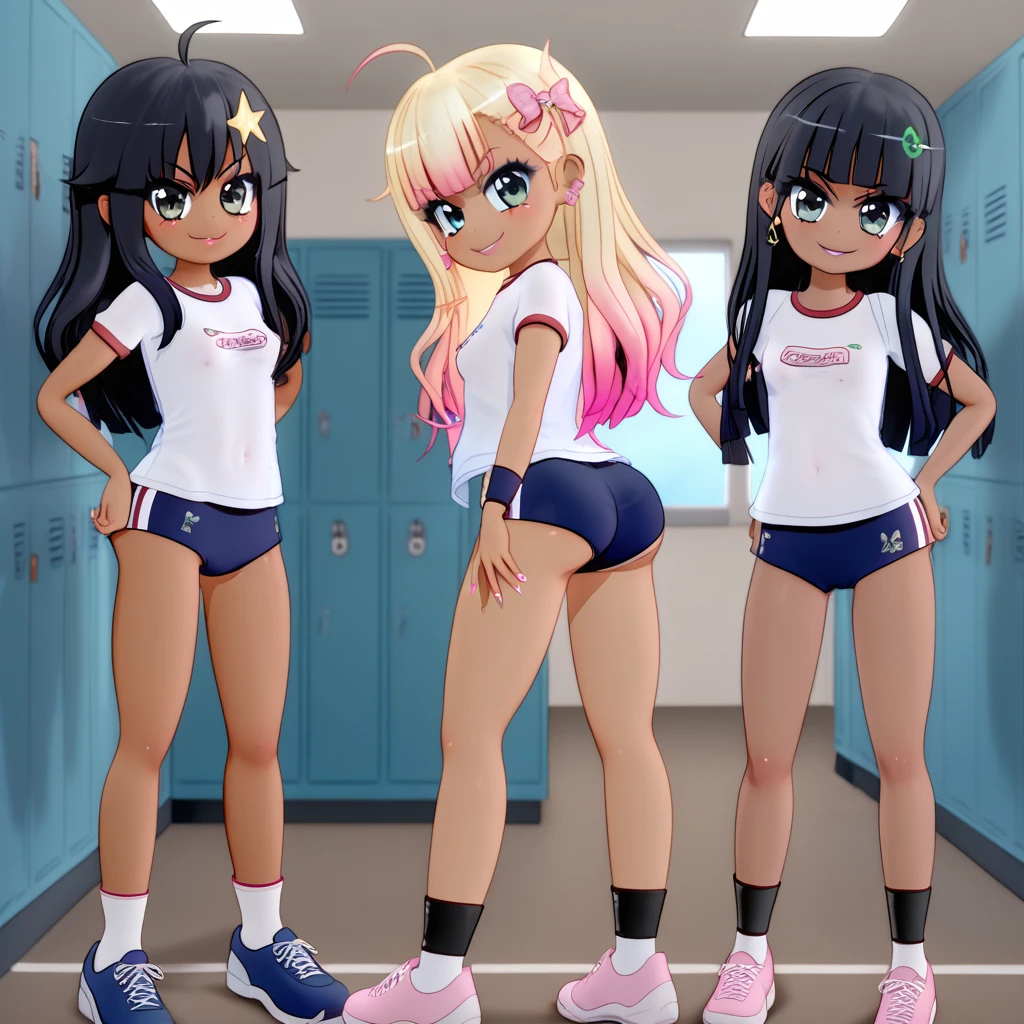 (masterpiece), best quality, highly detailed faces, (SHARP details), 4k, highly detailed, expressive eyes, SHARP detail expressive eyes, (SHARP detail perfect face), By mantis-x, gyaru, young girls, small breasts, playful smile, (black hair), standing, view from behind, glancing over shoulder, ((dark skin)), slutty, lockerroom, long hair, daytime, ass, (multiple girls), wearing gym uniform,