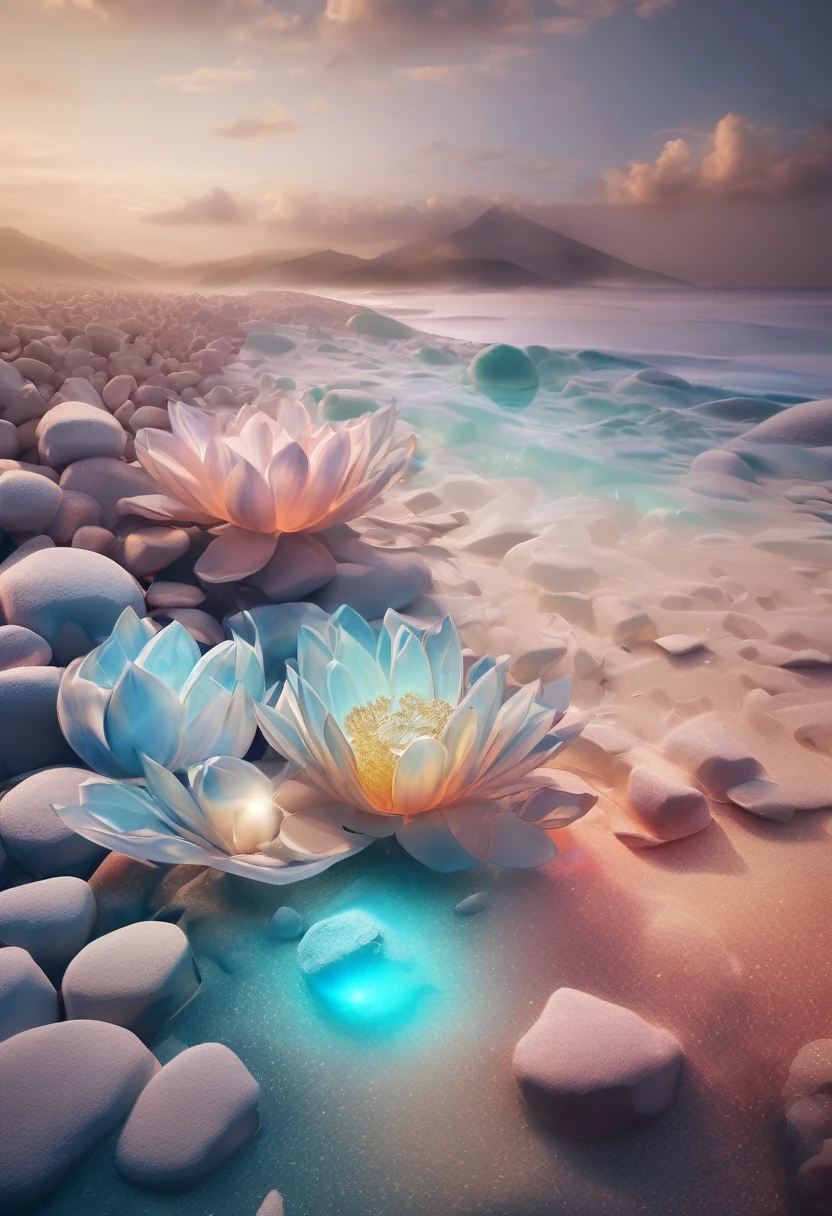 (8k wallpaper, .original, Realistic:1.25) ,( Shiny surface,, highest quality, Ultra-high resolution, Depth of written boundary, Color Difference, Caustics, Special light) ,Iridescent style,(A dreamy, romantic piece:1.5)，Bright style，Crystal clear stone，lotus shaped stone，Sandy Beach，The light shines，Tyndall Ray,