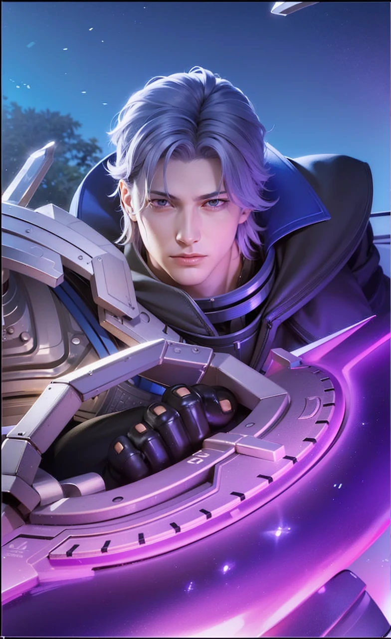 masculine male, masterpiece, ((perfect eyes)) best quality, (semirealism:1.9), beautiful lighting, (extremely detailed CG unity 4k fhd wallpaper), High Detail, Sharp focus, dramatic outdoors, 1 boy ,19 years old, white hair, light purpel eyes, smile.