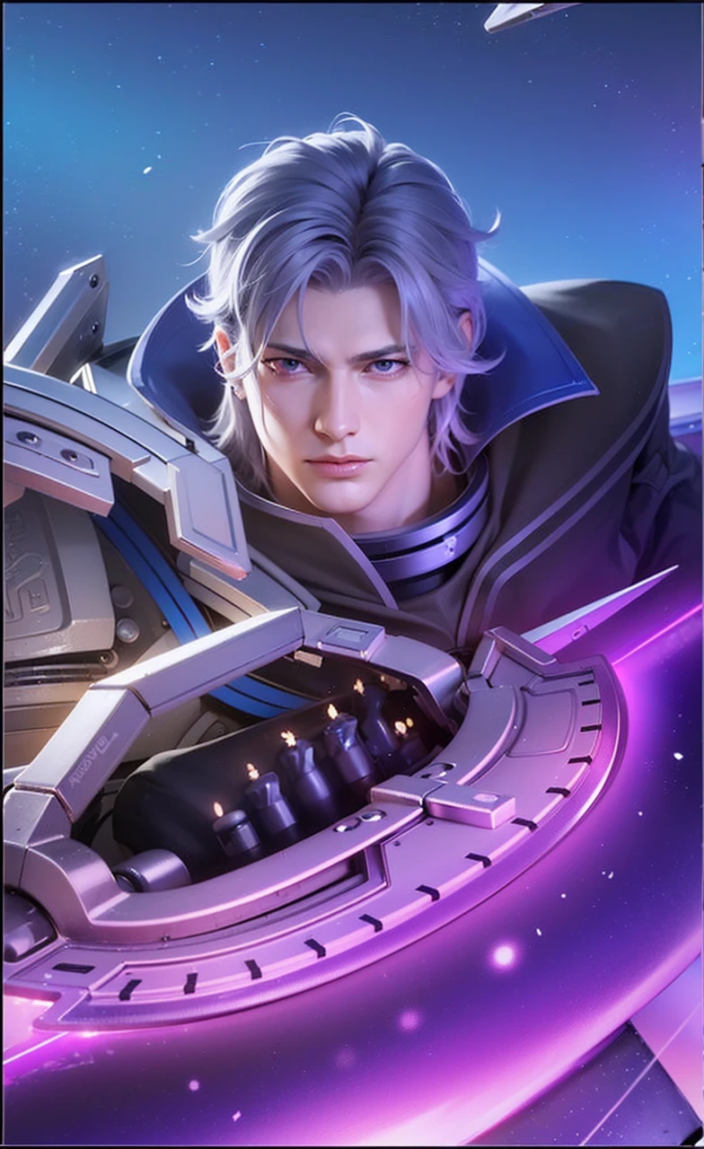 masculine male, masterpiece, ((perfect eyes)) best quality, (semirealism:1.9), beautiful lighting, (extremely detailed CG unity 4k fhd wallpaper), High Detail, Sharp focus, dramatic outdoors, 1 boy ,19 years old, white hair, light purpel eyes, smile.