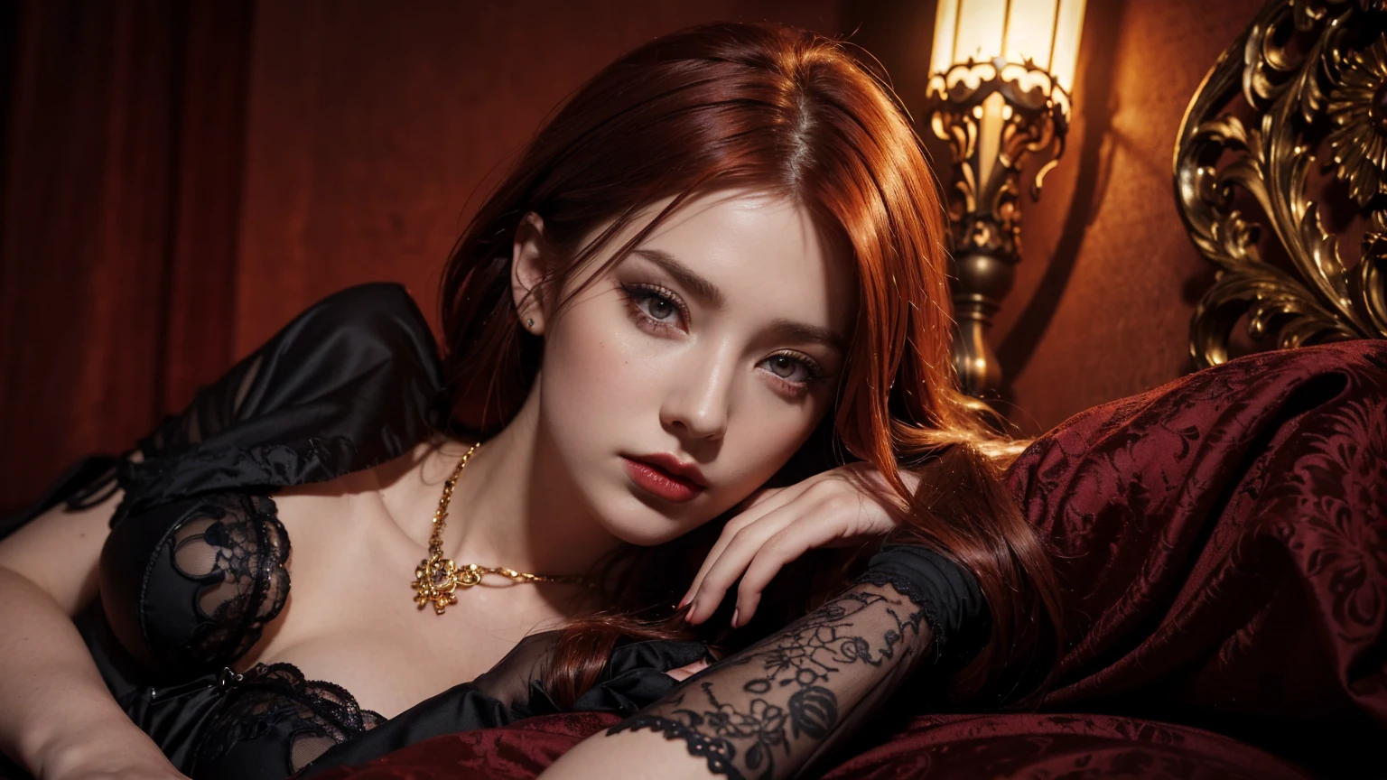 (best quality,4k,8k,highres,masterpiece:1.2),ultra-detailed,(realistic,photorealistic,photo-realistic:1.37),gothic redhead,very sexy,short dress,dark powers,penetrating gaze,intense eyes,flowing red hair,pale skin,powerful aura,dark atmosphere,mysterious background,ominous shadows,stunning beauty,alluring presence,provocative pose,elegant and confident,hauntingly beautiful,whispering secrets,enchanted surroundings,golden necklace,ornate bracelets,black lace gloves,crimson lipstick,piercing stare,vivid colors,subtle lighting,vibrant red hues,mystical ambience, single girl, single person, sleeping
