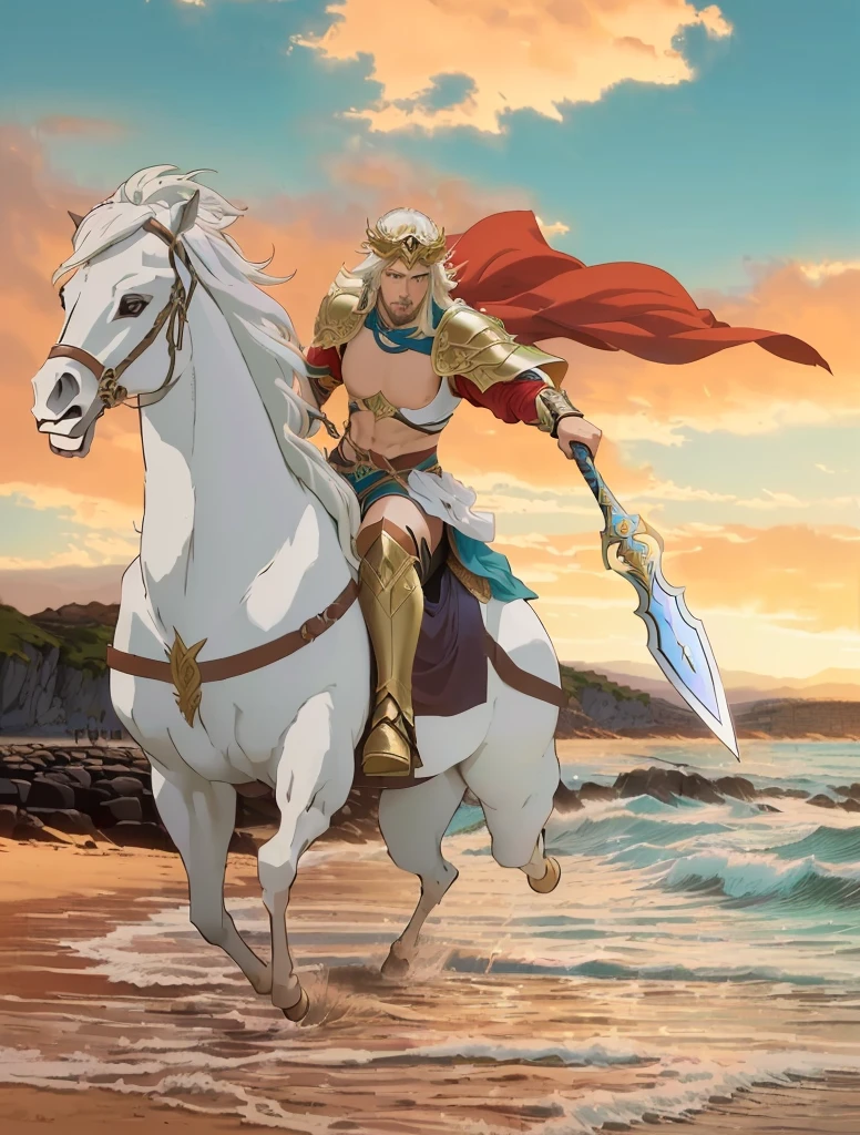 Cartoon character riding a horse and holding a sword on the beach, Rhodes, Boromir in 80\Anime World, Zodiac Knight Girl, Horse Warrior, centaur from greek mythology, Princess「Quetta」Quetta加什, Lady Palutena, Official Art, Fantasy style anime, Boromir in the anime world