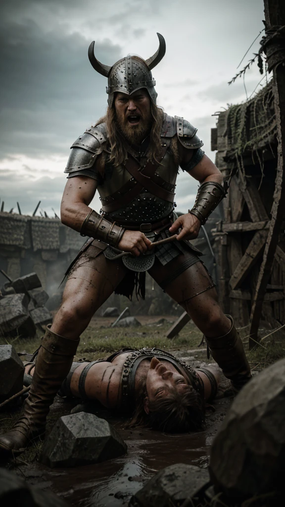 Photorealistic underexposed; a highly detailed viking champion rages on the battlefield, he wears chain mail and an ocular helmet. Wildly swinging a double sided battle axe, in dynamic motion. Battle cry. Natural textures, Chaotic battle scene, close quarters, trampled vegetation, mud, twilight, cinematic matte paint render. Ultra reflection 