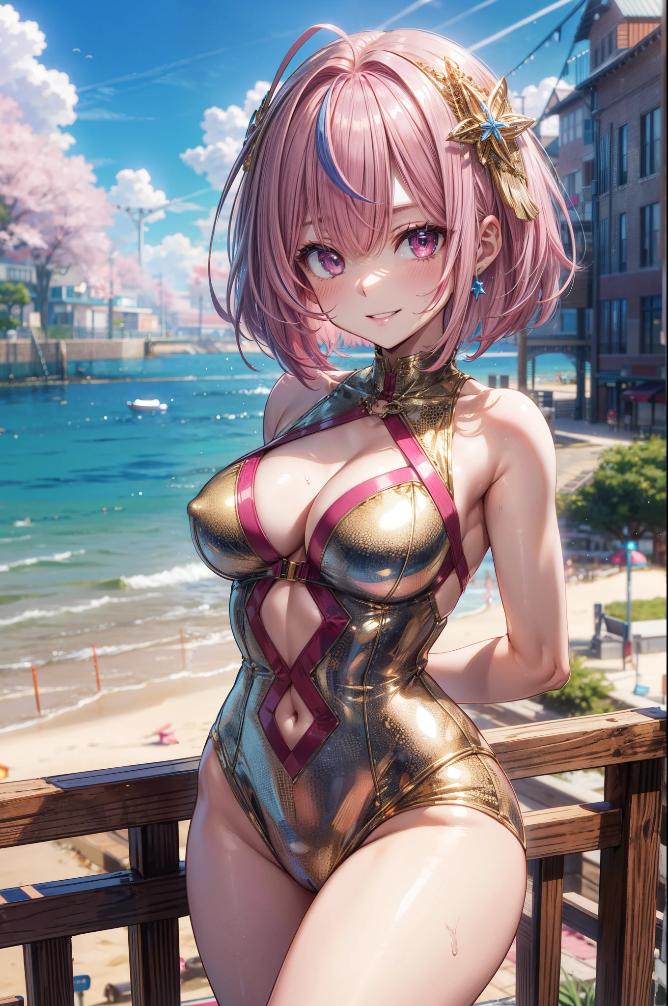 ((band uniform)),, break, skinny, 4 defined fingers, 1 defined thumb, looking at viewer, solo, 1 woman, 25 years old, AI generated, highest quality, masterpiece, skindentation, perfect face, 8k , cowboy shot, (short hair), (pink hair:1.5), bob cut, black eye, smile, thin thighs, medium breasts, perfect limbs, sexy, (visible nipples:0.7), (camel toe:0.3), (arms at sides), (bright seaside), standing, (((metallic costume))), facing straight at viewer,