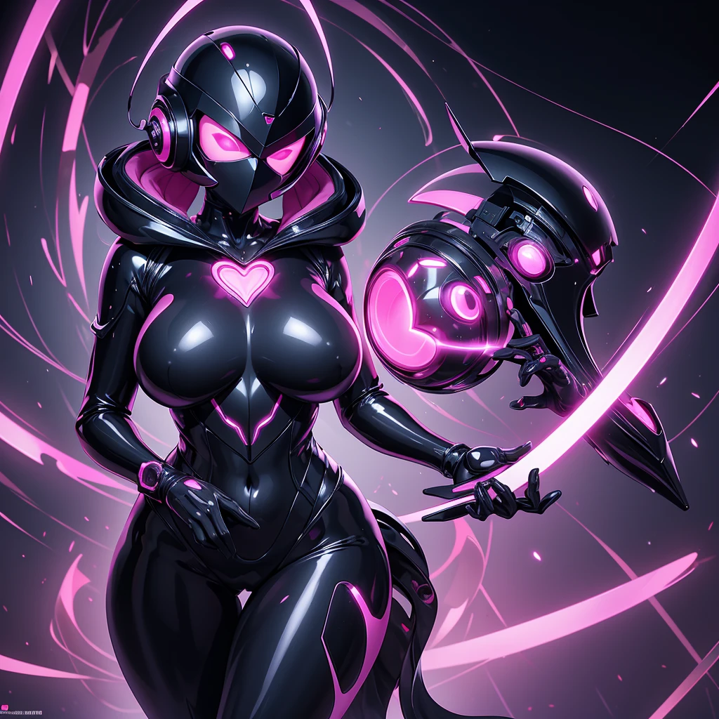 Dronificated unknown woman in a fully enclosed black latex fullbody suit with pink lights across the suit and heart shaped glowing core in the chest, fully enclosed cyber helmet that cover her whole face and hides her identity with only two glowing pink lines in it's otherwise, empty black face, huge breast, narrow waist, wide hips and thick thigs in a storage, no face, no hair, no mouth, no eyes