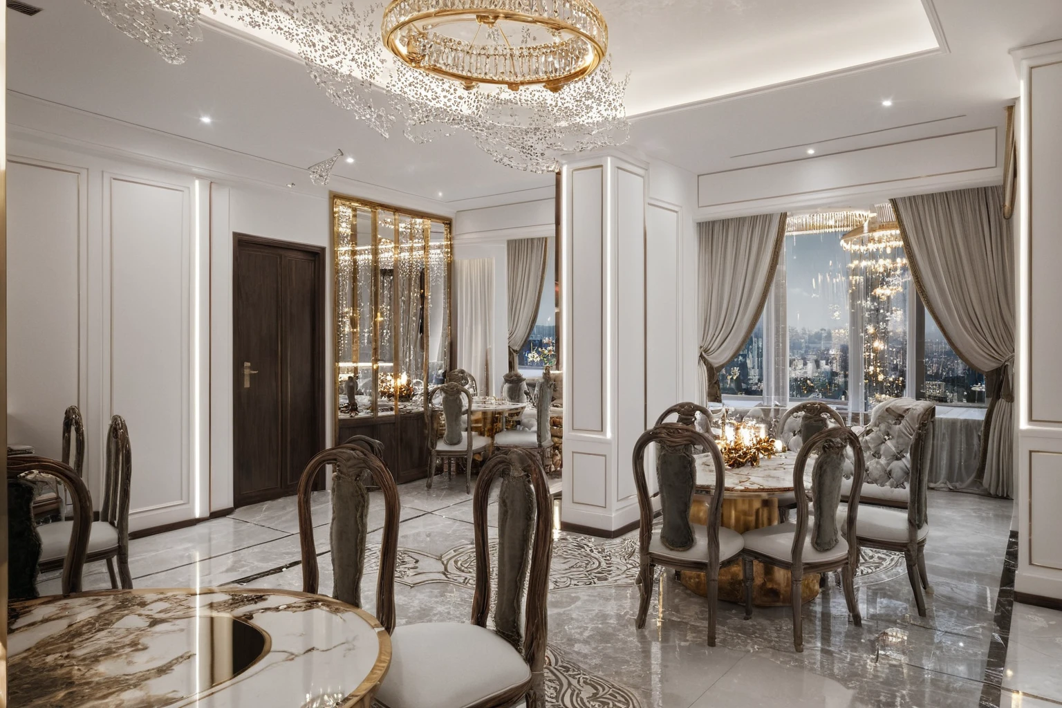 ,Masterpiece, Best quality,8K, Ultra-high resolution,When you step into the dinning room of restaurant room,Immediately surrounded by a rich atmosphere of luxury. The space  was covered with a soft white fluffy blanket,It is so comfortable,So much so that you can't help but indulge in it。Embellished with precious porcelain and white-off gold ornaments。Whenever it is late afternoon,The afterglow from the window spilled on the floor,Soft light and shadow are reflected,It was as if entering a dreamland. ((Wooden chair and table : 1.3)), ((COLUMN MIRROR : 1.3))