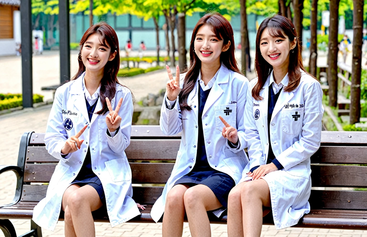 arafed woman in white lab coat sitting on a bench, bae suzy, cute korean actress, wearing lab coat and a blouse, beautiful south korean woman, with a lab coat, korean girl, lee ji-eun, park shin hye, (making peace sign), smiling