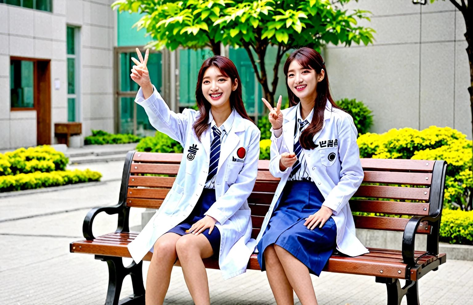 arafed woman in white lab coat sitting on a bench, bae suzy, cute korean actress, wearing lab coat and a blouse, beautiful south korean woman, with a lab coat, korean girl, lee ji-eun, park shin hye, (making peace sign), smiling