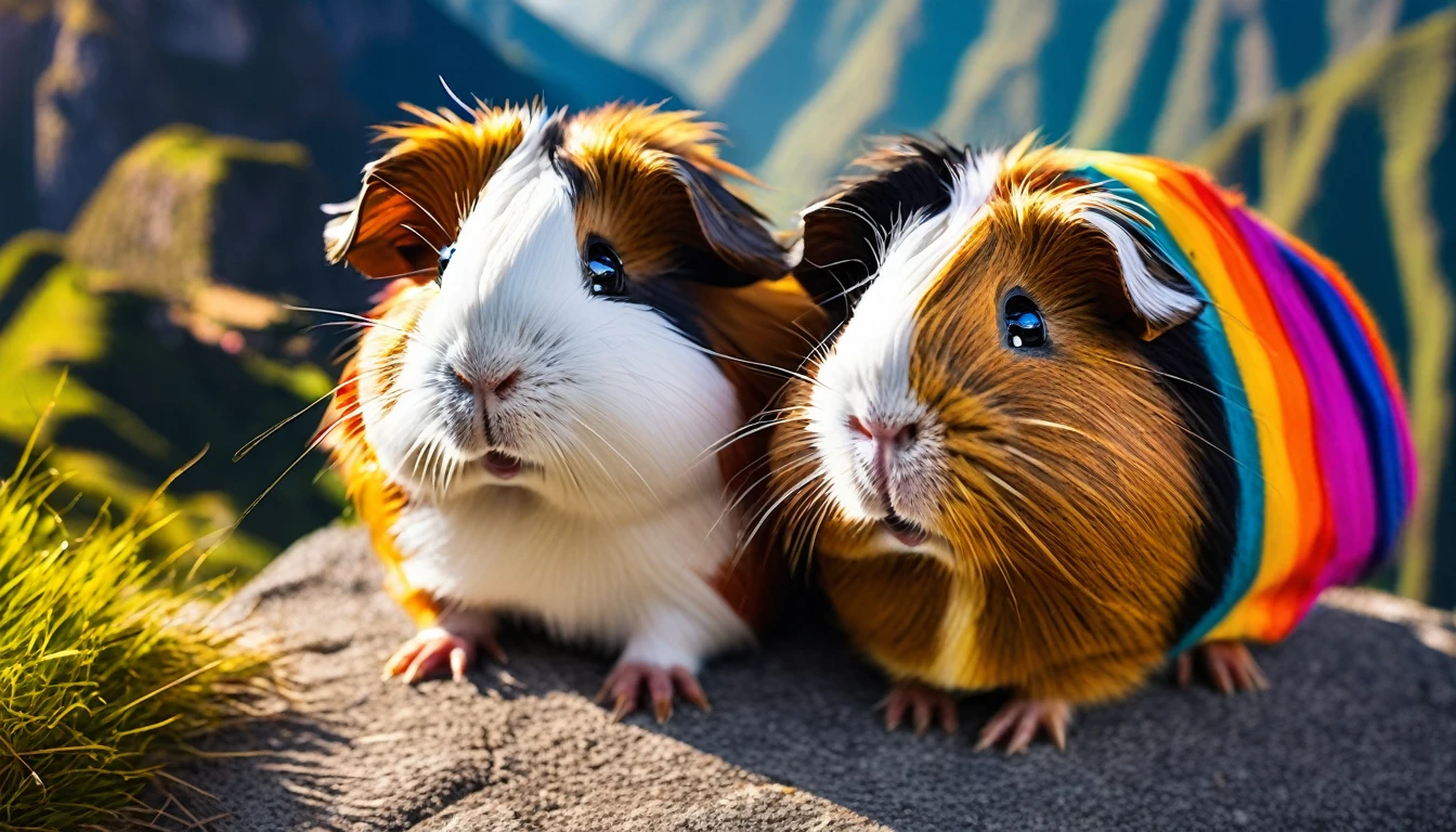 a hilarious photo of scared flying guinea pigs,guinea pigs flying in the wind,guinea pigs above machu picchu,machu picchu landscape,vibrant colors,dynamic action shot,cinematic lighting,highly detailed,photorealistic,8k,award winning photography,cinematic composition,dramatic angle,award-winning photo,stunning scenery,epic scale,beautiful skies,fluffy guinea pigs,realistic fur,expressive eyes,comical expressions,whimsical,playful,humorous,quirky
