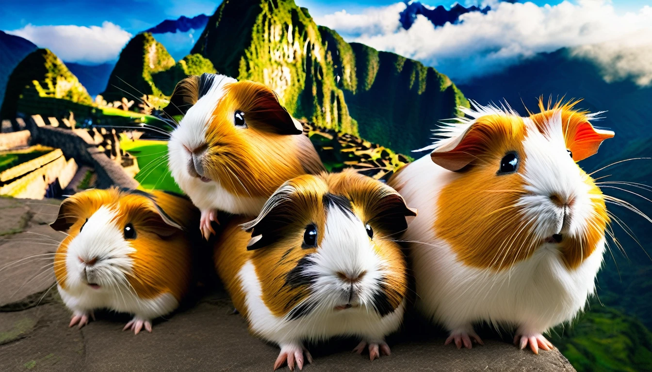 a hilarious photo of scared flying guinea pigs,guinea pigs flying in the wind,guinea pigs above machu picchu,machu picchu landscape,vibrant colors,dynamic action shot,cinematic lighting,highly detailed,photorealistic,8k,award winning photography,cinematic composition,dramatic angle,award-winning photo,stunning scenery,epic scale,beautiful skies,fluffy guinea pigs,realistic fur,expressive eyes,comical expressions,whimsical,playful,humorous,quirky