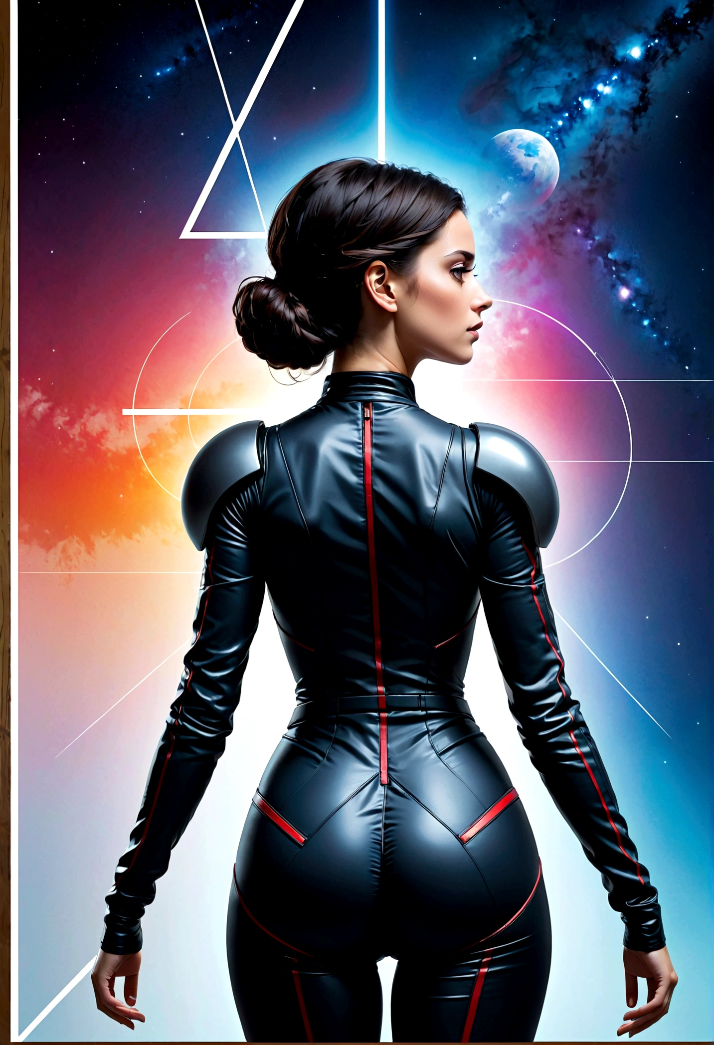 best quality, masterpiece, highres, 1girl, (Back View),space thriller movie poster, Bauhaus, shapes, lines, abstract,