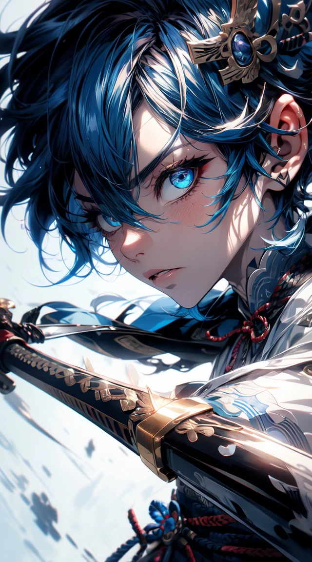 detailed eyes, detailed eye, detailed face, ultra high definition, retina, precise, anatomically correct, textured Skin, Blue hair, handsome, samurai, (( cool background)), katana, ( blue haired samurai boy ) (( full body ))