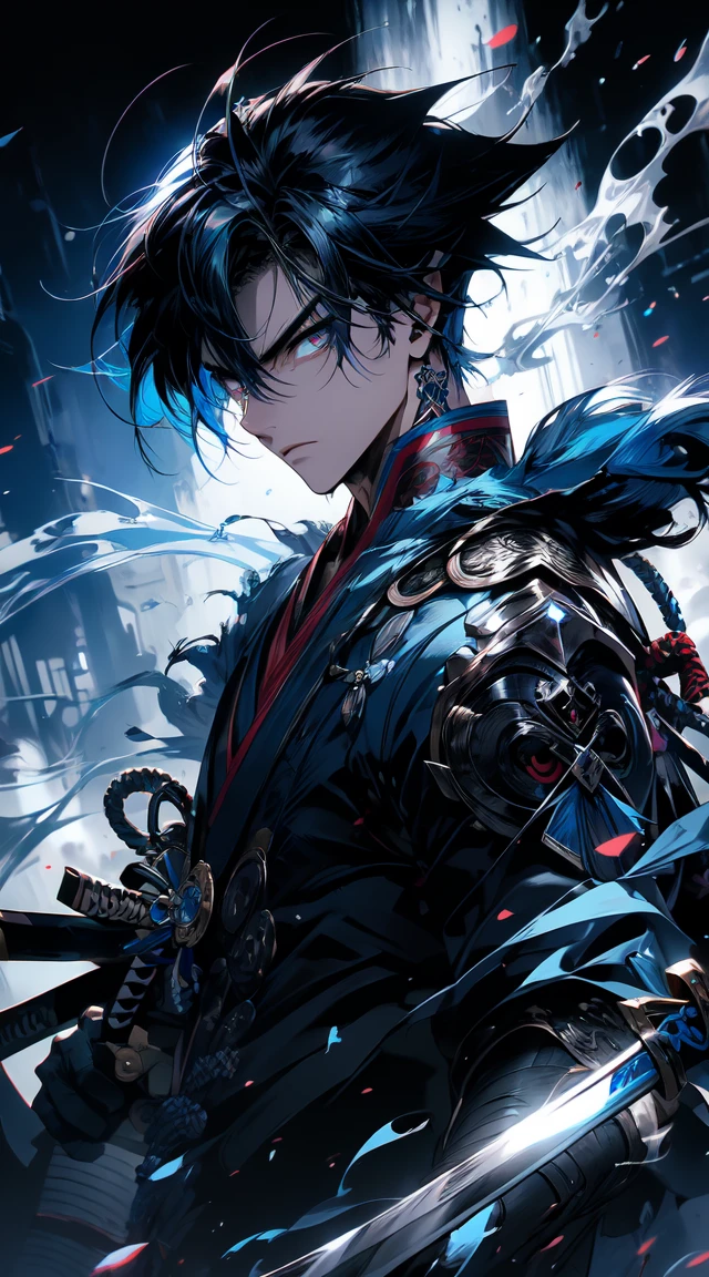detailed eyes, detailed eye, detailed face, ultra high definition, retina, precise, anatomically correct, textured Skin, Blue hair, handsome, samurai, (( cool background)), katana, ( blue haired samurai boy ) (( full body ))