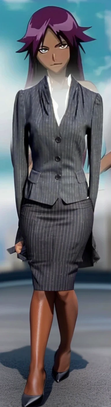 Black business woman in a
Pinstriped skirt suit with grey heels