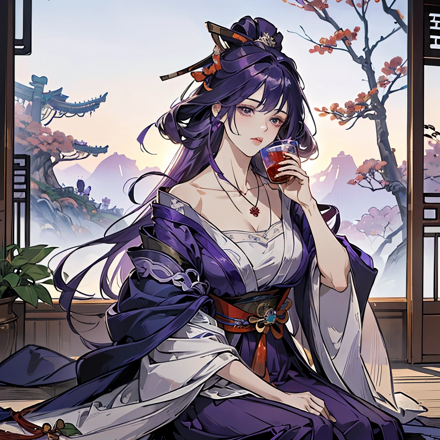 Best quality at best, Ultra-high resolution, (((1 girl))), (Raiden Shogun - Genshin Impact) FULL BODY (Long purple hair), (violet eyes), (Chinese clothes), (((Red Flowers necklace around her neck))), (Ultra Long Skirt), Hanfu, Yarn, Flowing light yarn, jewelry, (focal), (((Colorful))), particle fx , tmasterpiece, Best quality at best, beautiful painted, meticuloso, highly detailed, (tmasterpiece, Best quality at best) CG unified 8K wallpaper,((sitting chinese manshon/room and drinking)) tmasterpiece,Best quality,ultra - detailed), Super HD picture quality