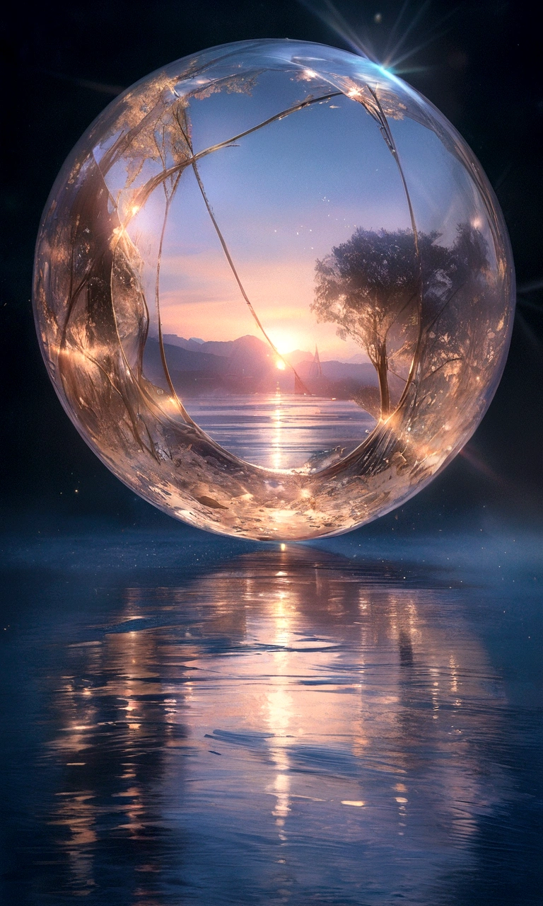 (A glass sphere depicting a soft winter sky over a frozen lake:1.2), (Silk glass sphere 1.1), Landscape Photography, Unsplash, Extremely detailed, High detail, Analog Film, Analog Lighting, nature光, 4k photos, 8k photos, ハイパーrealism, Impressionism, Romanticism, Conceptual Art, Surrealism, realism, Cinema Lighting, Shine, Shine光, God's Rays, Ray Tracing, reflected light, bloom, Film Grain, Optical illusion, Lens flare, Caustics, Exposure, Bokeh, 超High resolution, masterpiece, Super detailed, Attention to detail, high quality, Awards, 最high quality, High resolution, 16k, 8k, 4K, nature