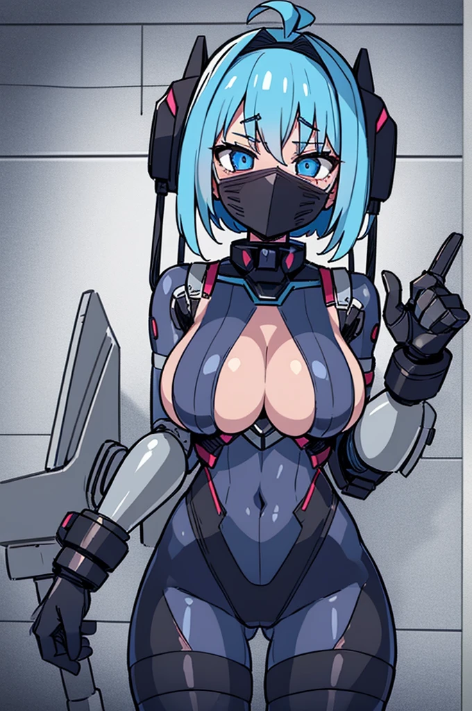 1girls athletic female big breasts blue hair blush gloves heart looking at viewer mask micro bikini partially clothed piercing presenting pussy robot robot girl solo standing thick thighs