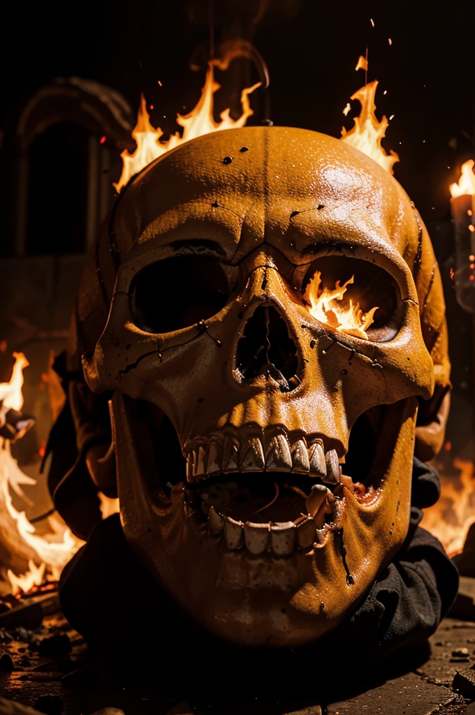  The image depicts a fiery, explosive scene with a large, menacing skull that is spewing fire and smoke from its mouth.