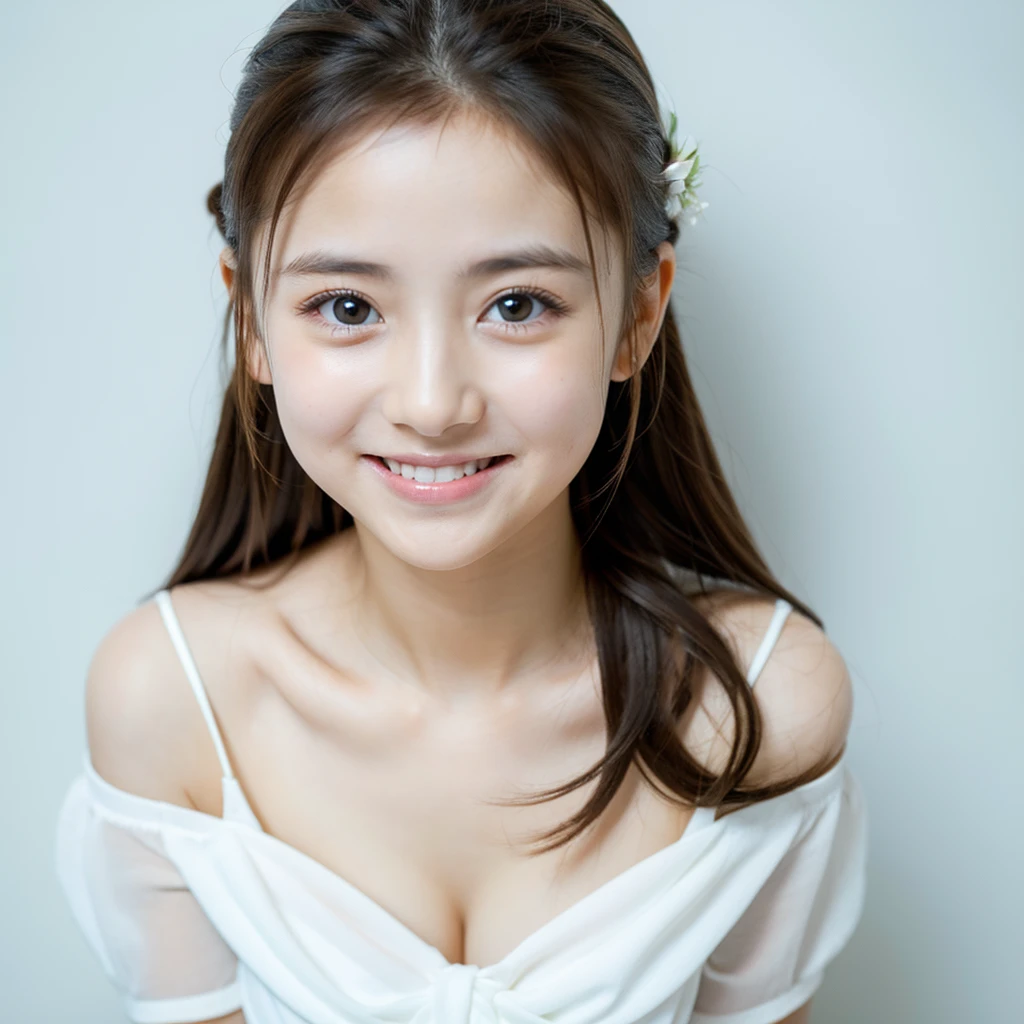 One girl, (Masterpiece), (Realistic), (Ultra fine), (beautiful), White background, RAW Photo, White Wall, Big eyes, Smile,