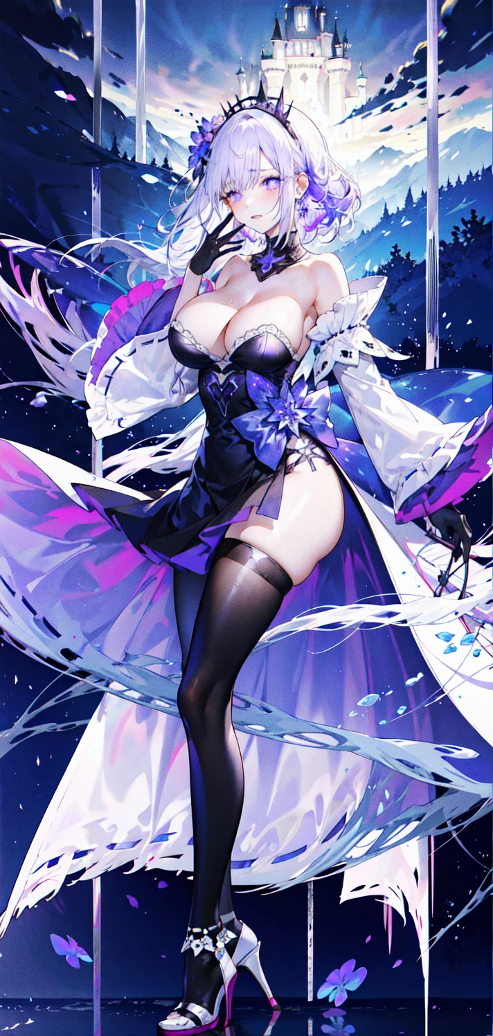 ((masterpiece:1.4,best quality)),(Super detailed),(Extremely detailed eyes),(black leggings,Shiny socks:1.5),Hello Darkness
(Cute girls),,(Blood-red pupils,Diamond-shaped pupil:1.15),Purple Eyeshadow,(elongated hair,Thick hair,Single ponytail,shiny hair:1.5)(Changes through:1.2),despair,sad,Empty eyes,tears streaming down my face,tilting its head to the side,
(She wore a blue dress,:1.5),(Black gloves:1.4)Very long plush sleeves,White,White Cloud,Dream bubbles ,Ice and glitter effects
(Black long skirt:1.1),
((Starry Sky:1.2)),
(Intense black and white:1.16),(Depth of Field:1.4),,Intricate details,(((Detailed background,Castle in the Sky,Purple flowers by the lake))),(((Huge breasts,Bare breasts,Deep cleavage,White stiletto high heels)))