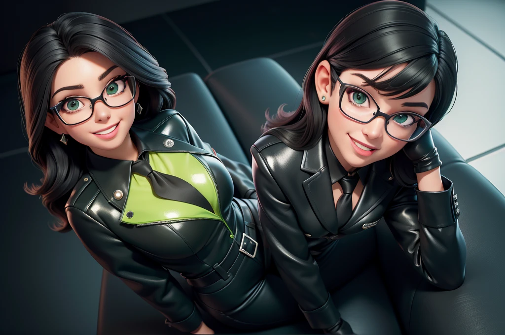 obra prima, melhor qualidade, (lauren boebert 70yo) big side smile, open mouth, licking lips, black medium length hair, black plastic glasses, pilot outfit, business blouse, necktie, (shiny bright green leather,) studs zippers, shiny leather gloves, body is skinny, laying back against couch cushion, arched back, hand between legs, overhead camera view, looking down at me, shallow depth of field, highres, HD, 8k, anatomically correct