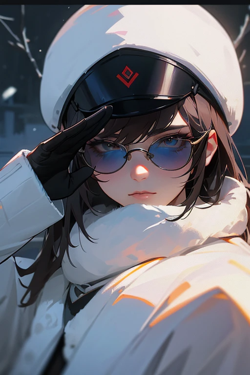 (4K), (best quality), (Best details), (ultra realistic), Kai'sa, russian soldier, winter, snow storm, russian hat, sunglasses, beautiful, soldier's salute, looking at viewer, winter war.