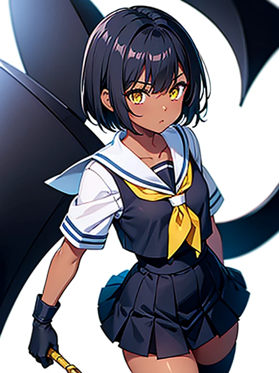 dark skin, short hair, yellow eyes, black hair, white and blue sailor uniform, red tie sailor uniform, beautiful girl, thin, black MMA glove, white background