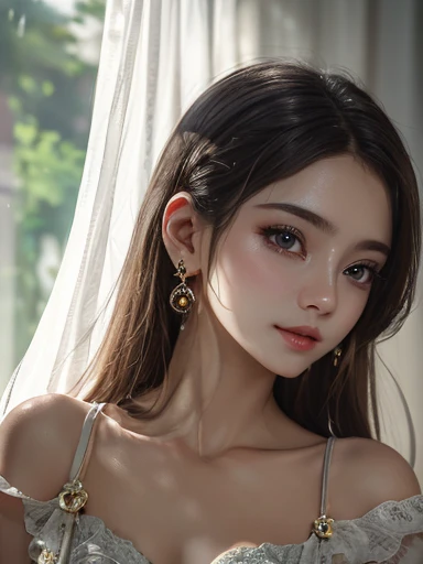 (Masterpiece), best quality, highest quality, highly detailed CG unity 8k wallpaper, original, high resolution, (depth of field: 1.5), fidelity: 1.3, 1 girl, curtains, solo, earrings, royal, princess,happy