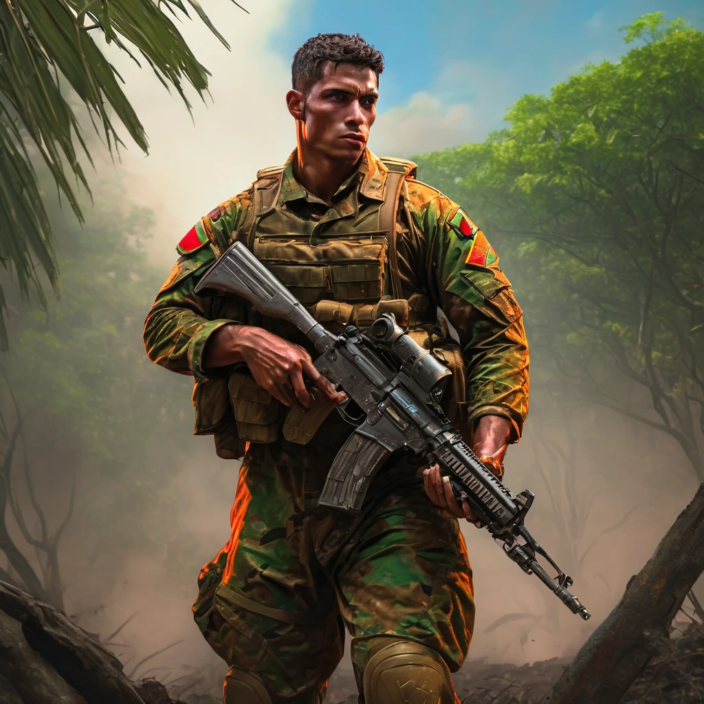 bright green light. The soldier stands tall on a rugged terrain, surrounded by dense tropical vegetation. The sky above is painted in fiery shades of red and orange, with billowing clouds of smoke and ashes. This masterpiece showcases the soldier's unwavering determination and the strength of the Brazilian spirit as the flag flutters proudly in the wind. The scene depicts the soldier in a heroic pose, his piercing blue eyes focused and intense. The intricate details of his face, from his chiseled jawline to his prominent cheekbones, bring forth a sense of grit and resilience. His lips are set in a firm line, exuding a fiercely determined expression. The soldier's muscular frame is accentuated by the well-fitted nuclear suit, which shines with a metallic sheen. The suit is adorned with intricate designs and patterns that reflect the vibrant Brazilian culture. The AK47 he wields is an extension of his power, its sleek metallic body reflecting the surrounding environment. The vibrant orange color of the suit contrasts beautifully with the lush green foliage, creating a visually striking composition. The natural lighting enhances the scene, casting intriguing shadows that add depth to the soldier's figure. The overall color palette is bold and intense, emphasizing the dramatic nature of the scene. This artwork is an exquisite representation of strength, patriotism, and resilience, capturing the essence of a fierce Brazilian soldier in a vibrant and dynamic setting. The artwork ensures (best quality,4k,8k,highres,masterpiece:1.2),ultra-detailed,(realistic,photorealistic,photo-realistic:1.37) visuals with vivid colors and sharp focus. The lighting further enhances the impact of the scene, highlighting every intricate detail with studio-like precision. With this prompt, Stable Diffusion will generate a visually stunning artwork that embodies the spirit of a fierce Brazilian soldier.