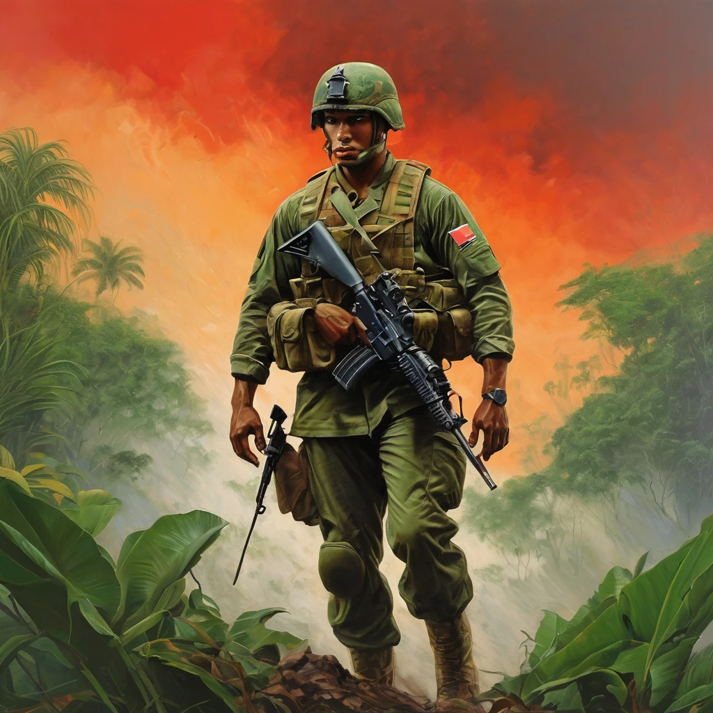 bright green light. The soldier stands tall on a rugged terrain, surrounded by dense tropical vegetation. The sky above is painted in fiery shades of red and orange, with billowing clouds of smoke and ashes. This masterpiece showcases the soldier's unwavering determination and the strength of the Brazilian spirit as the flag flutters proudly in the wind. The scene depicts the soldier in a heroic pose, his piercing blue eyes focused and intense. The intricate details of his face, from his chiseled jawline to his prominent cheekbones, bring forth a sense of grit and resilience. His lips are set in a firm line, exuding a fiercely determined expression. The soldier's muscular frame is accentuated by the well-fitted nuclear suit, which shines with a metallic sheen. The suit is adorned with intricate designs and patterns that reflect the vibrant Brazilian culture. The AK47 he wields is an extension of his power, its sleek metallic body reflecting the surrounding environment. The vibrant orange color of the suit contrasts beautifully with the lush green foliage, creating a visually striking composition. The natural lighting enhances the scene, casting intriguing shadows that add depth to the soldier's figure. The overall color palette is bold and intense, emphasizing the dramatic nature of the scene. This artwork is an exquisite representation of strength, patriotism, and resilience, capturing the essence of a fierce Brazilian soldier in a vibrant and dynamic setting. The artwork ensures (best quality,4k,8k,highres,masterpiece:1.2),ultra-detailed,(realistic,photorealistic,photo-realistic:1.37) visuals with vivid colors and sharp focus. The lighting further enhances the impact of the scene, highlighting every intricate detail with studio-like precision. With this prompt, Stable Diffusion will generate a visually stunning artwork that embodies the spirit of a fierce Brazilian soldier.