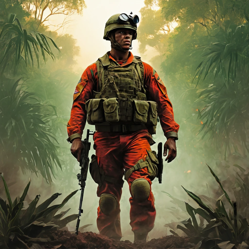 bright green light. The soldier stands tall on a rugged terrain, surrounded by dense tropical vegetation. The sky above is painted in fiery shades of red and orange, with billowing clouds of smoke and ashes. This masterpiece showcases the soldier's unwavering determination and the strength of the Brazilian spirit as the flag flutters proudly in the wind. The scene depicts the soldier in a heroic pose, his piercing blue eyes focused and intense. The intricate details of his face, from his chiseled jawline to his prominent cheekbones, bring forth a sense of grit and resilience. His lips are set in a firm line, exuding a fiercely determined expression. The soldier's muscular frame is accentuated by the well-fitted nuclear suit, which shines with a metallic sheen. The suit is adorned with intricate designs and patterns that reflect the vibrant Brazilian culture. The AK47 he wields is an extension of his power, its sleek metallic body reflecting the surrounding environment. The vibrant orange color of the suit contrasts beautifully with the lush green foliage, creating a visually striking composition. The natural lighting enhances the scene, casting intriguing shadows that add depth to the soldier's figure. The overall color palette is bold and intense, emphasizing the dramatic nature of the scene. This artwork is an exquisite representation of strength, patriotism, and resilience, capturing the essence of a fierce Brazilian soldier in a vibrant and dynamic setting. The artwork ensures (best quality,4k,8k,highres,masterpiece:1.2),ultra-detailed,(realistic,photorealistic,photo-realistic:1.37) visuals with vivid colors and sharp focus. The lighting further enhances the impact of the scene, highlighting every intricate detail with studio-like precision. With this prompt, Stable Diffusion will generate a visually stunning artwork that embodies the spirit of a fierce Brazilian soldier.