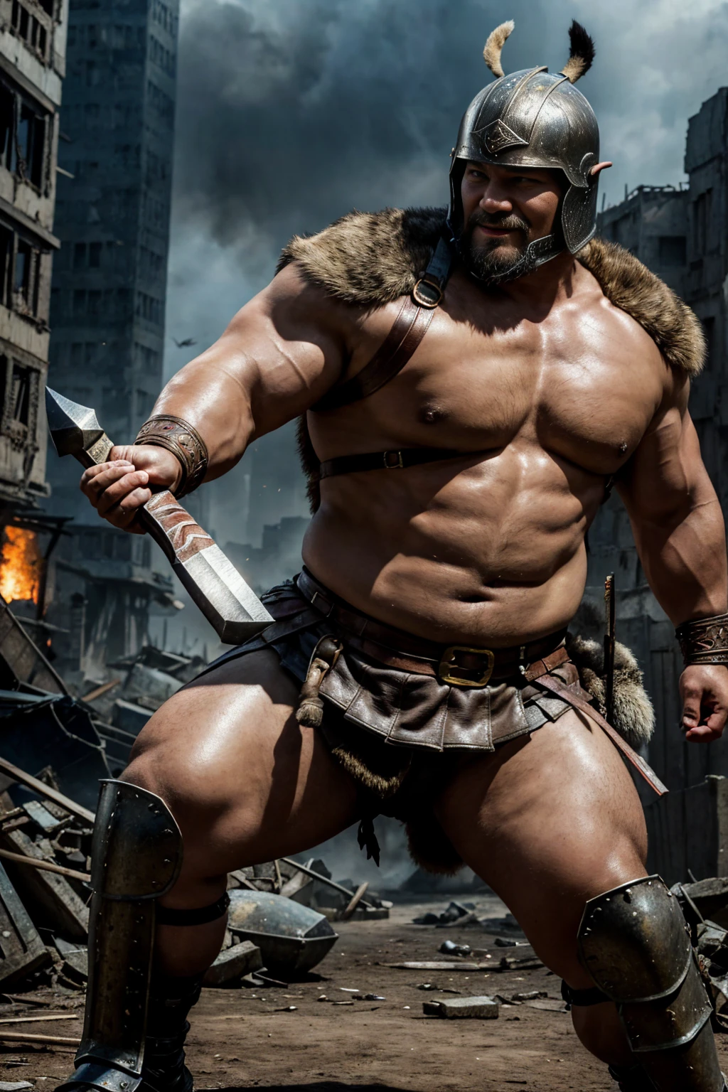 looking at us, shoot from front, face focus, Bandit, Fat ferocious barbarian:2, This barbarian is a robust stocky Japanese, smirking, mid combat, intense battle scene, leather and iron armor, armored short skirt, holding a Viking War Axes, viking helmet, legs exposed from thighs to feet, fierce warriors, ancient battlefields, epic showdown, battleground background, masterpiece, volumetric lighting, Dramatic, Uighur the Warden, breathtaking action, dynamic poses, bald, ((ultra sharp)), ((masterpiece)), ((best quality)), ((ultra detailed)), ((intricate details)), Inguinal region detailed, Dilapidated, breathtaking action, destroyed city after big air raids, A desolate, post-apocalyptic cityscape, A brutal scene, lets out a yell, casting an ominous shadow, He is ejaculating semen,