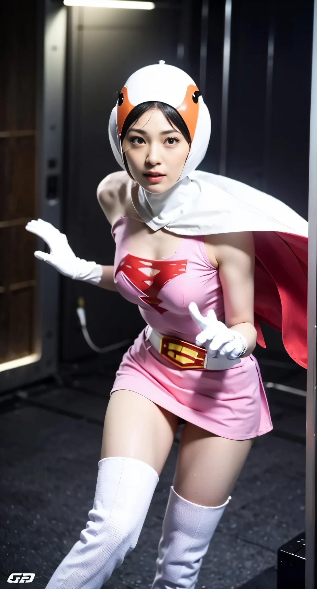 ((masterpiece)), ((highest quality)), ((High resolution)), ((Very detailed CG unity 8k wallpaper)), Spread your legs,Showing white panties,Beautifully detailed, Very detailed, 16k, Exquisite, Absurd, Beautiful background, Beautiful Eyes, Beautiful Skin, Beautiful Face, Anime Style, Outdoor, Day, Upper Body, Show Viewer, alone, concentrate, Dutch Angle BREAK,
Year_Classic_Jun_Gatchaman_My Wife, Jun・ザ・スワン,
One Girl, chest, Glossy lips, medium chest, large chest, Green Eyes, Big eyes, (We say:1), Lip mites, Compensate, eyelash, eye shadow, Close one eye, A kind smile,
visor, Helmet, Cape, - Elbow hand pockets, Knee socks, belt, White gloves, zettai ryouiki, mask, (透明なオレンジvisor:1), skirt, White legwear, Superhero, leotard, Spacesuit, Pink Dress, white Cape, pink leotard, pink skirt, Short dress, White long gloves, White long boots, Gross Break Dynamism, Sweat, Sweatdrop, Action Shots, Perfect Anatomy,