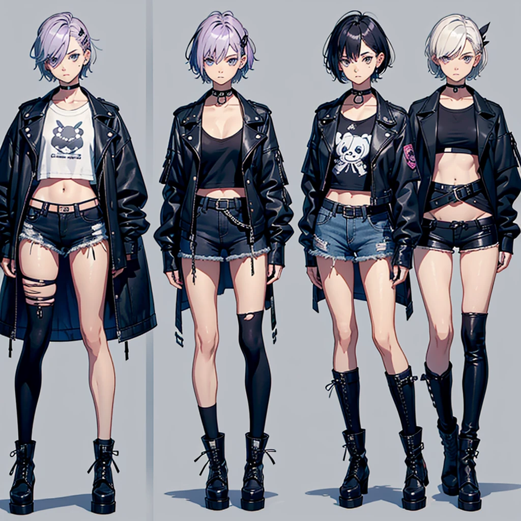 create a character sheet for Eulália Draha, a piscopath with a half-punk, half-cute style, 16 years old, fair skin, short platinum hair and lilac highlights, blue and gray eyes, short-sleeved shirt with the belly showing dark wine, black jacket black leather jacket, teddy bear hair clip, dark denim shorts with a torn teddy bear hanging on the side of the shorts and medium-high boots, (with emphasis on the teddy bear hanging on the shorts' belt)(anime style)(varied positions)(several positions) (full body)(open arms)(body and face side ways)(body and face from the front)(from the head to the boots)character sheet(full body)body and sideways(body and sideways)caracter sheet(full body)