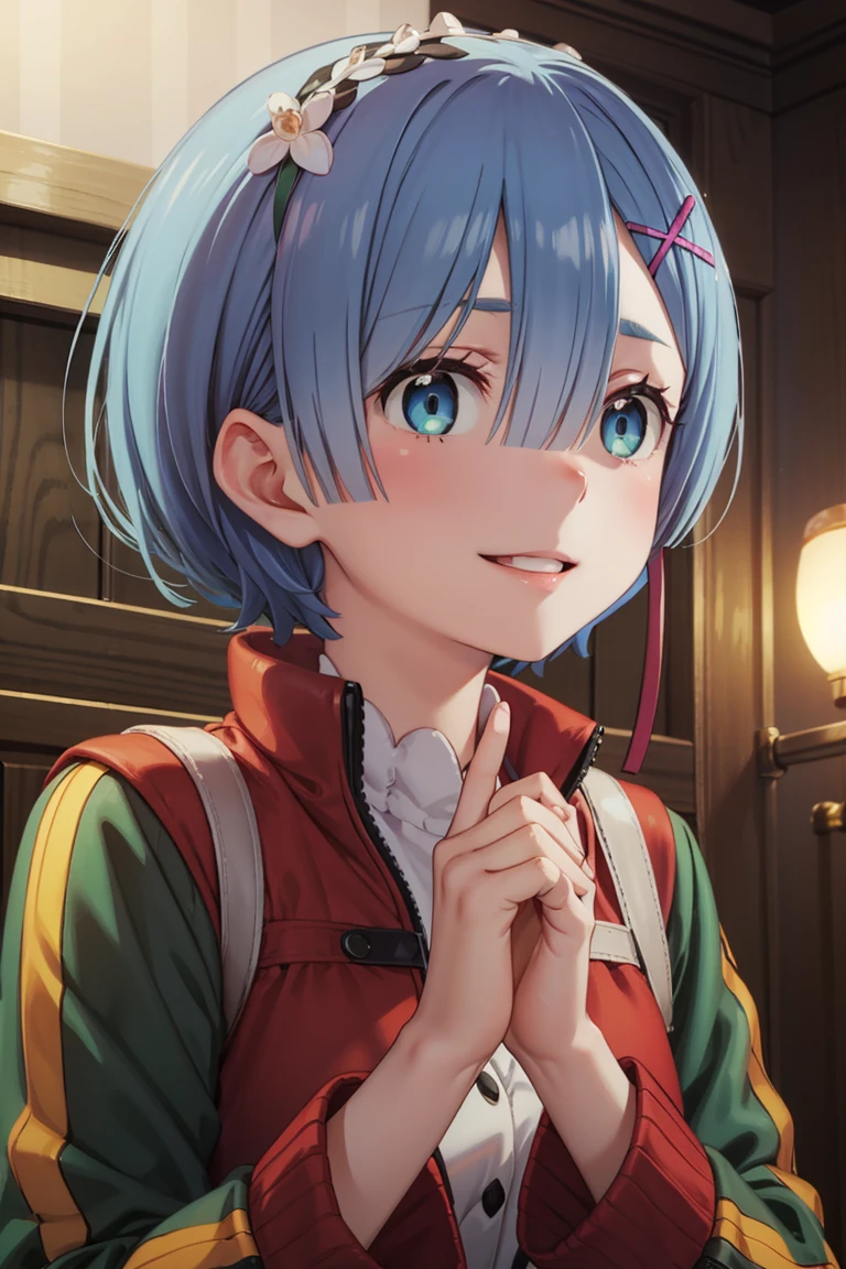 ph_rem, remhd, 1girl, blue hair, solo, blue eyes, x hair ornament, Best smile, Low people, (Red clothes:1.3), (Light green jacket:1.3), Upper Body, highest quality, High resolution, unity 8k wallpaper, (shape:0.8), (Beautiful and detailed:1.3), Highly detailed face, Perfect lighting, Detailed CG, (Perfect hands, Perfect Anatomy), smile, look up
