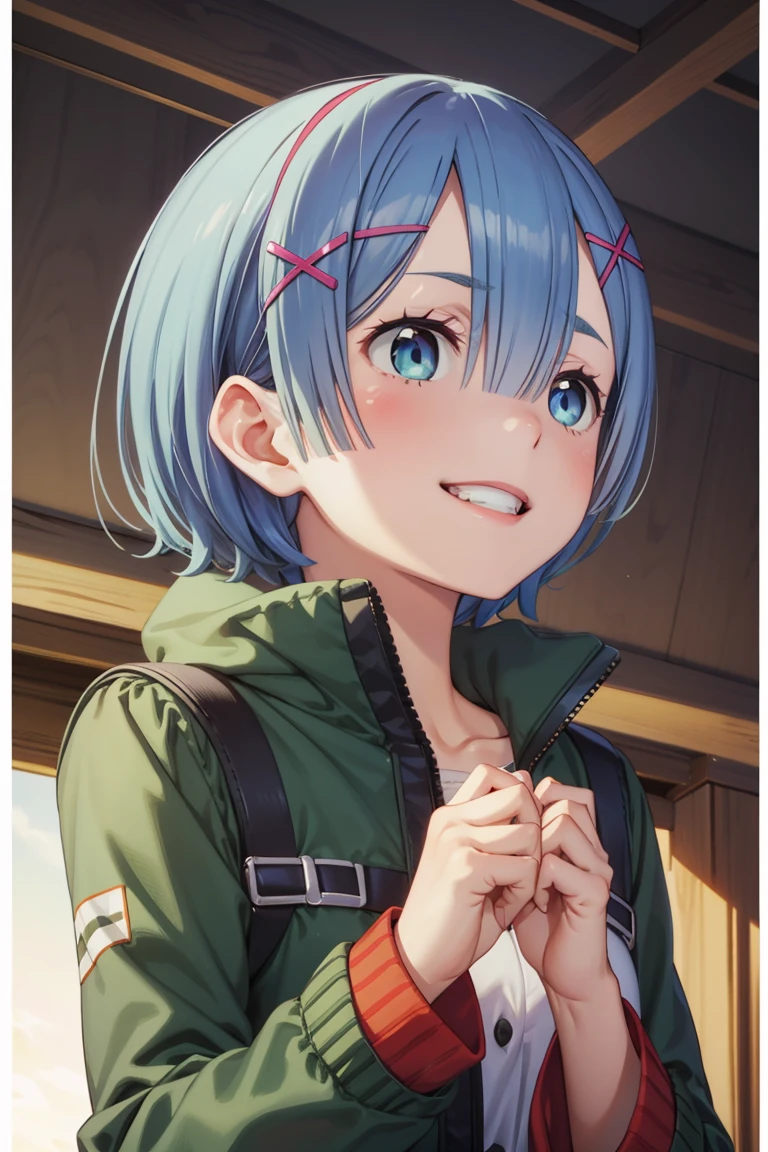 ph_rem, remhd, 1girl, blue hair, solo, blue eyes, x hair ornament, Best smile, Low people, (Red clothes:1.3),  (Light green jacket:1.3), Upper Body, highest quality, High resolution, unity 8k wallpaper, (shape:0.8), (Beautiful and detailed:1.3), Highly detailed face, Perfect lighting, Detailed CG, (Perfect hands, Perfect Anatomy), smile, look up