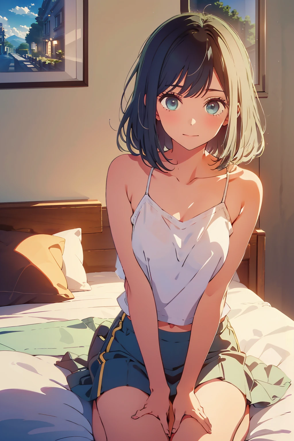 highest quality,8k,detailed,F cup bust、Very cute face、Beautiful thighs、Best Beautiful Legs、Slim and beautiful arms、Slim body、White skin、((((1 person、camisole、Sunlight on the body、On the bed、Lying in bed、looking at the camera、smile、smile、Tokyo buildings in the background、Hotel room))))、I can see the deep blue sky、The atmosphere is bright and lively、The woman is at the center of the image。