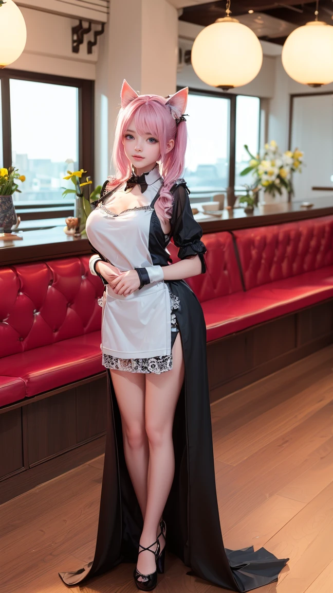 1girl,solo,happy face, teeth, white and black maid outfit, Colossal tits, pink cat ears, light pink hair, mega twin-tails, green eyes,(((standing in a restaurant))), Portrait, colossal tits, Huge bust, Raw photo, (8K、highest quality、masterpiece:1.2)、(Intricate details:1.4)、(Photorealistic:1.4)、Octane Rendering, Intricate 3D rendering super detailed, studio soft light, Rim Light, Vivid details, Super Detail, Realistic skin texture, Cheek gloss, details face, Very beautiful bright pale blue eyes, Very big eyes, Highly detailed CG Unity 16k wallpaper, perfect beauty, round face, Makeup, (Detailed background:1.2), Shiny skin, Full Body, From head to thighs, Cleavage,