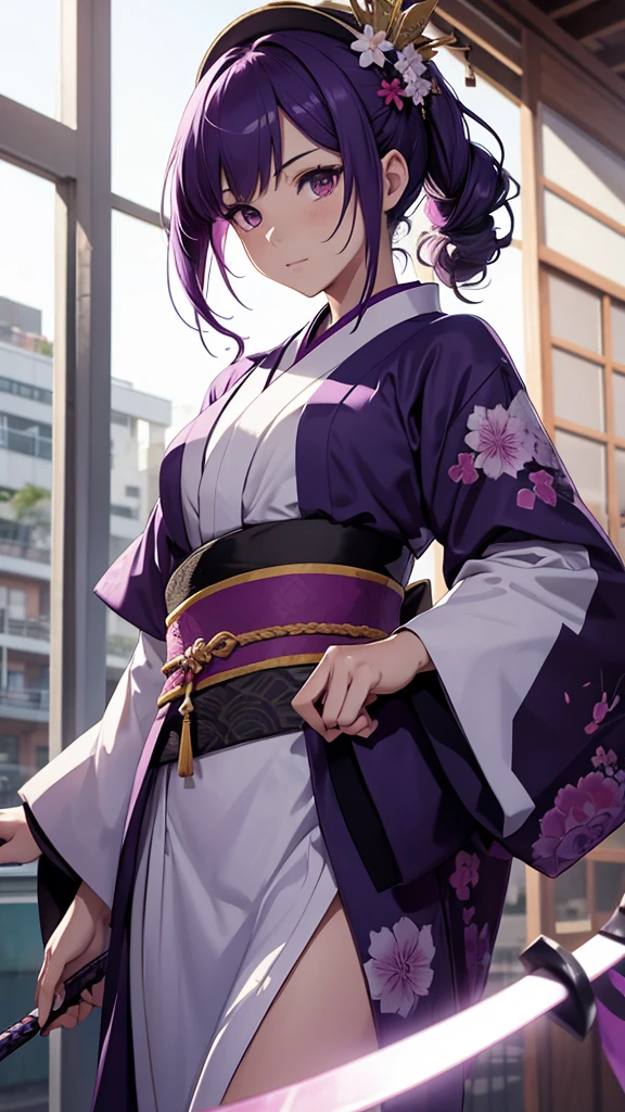 Chica con un kimono morado sosteniendo una espada con un fondo de rayos