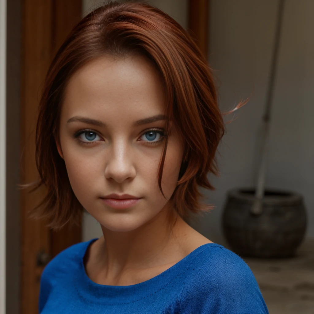 1 fille, cheveux longs, cheveux rouge, yeux bleus, debout, very beautiful, tenue bleu, pouvoir de feu,
